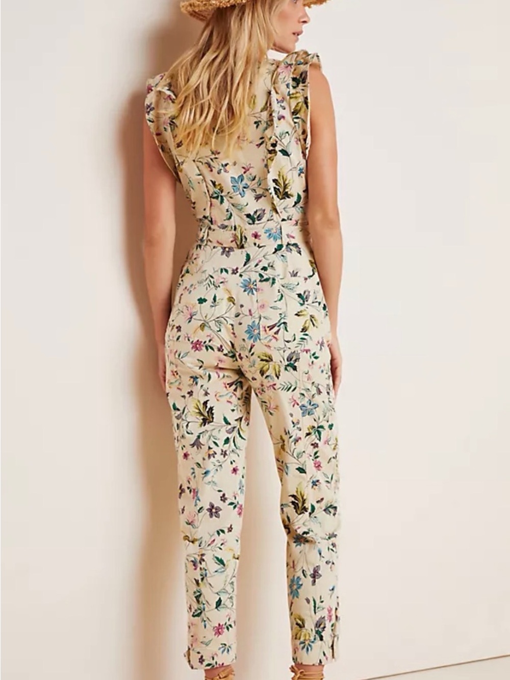 Anthropologie Cream Floral Ruffle-Sleeve Belted Jumpsuit - Picture 2 of 10